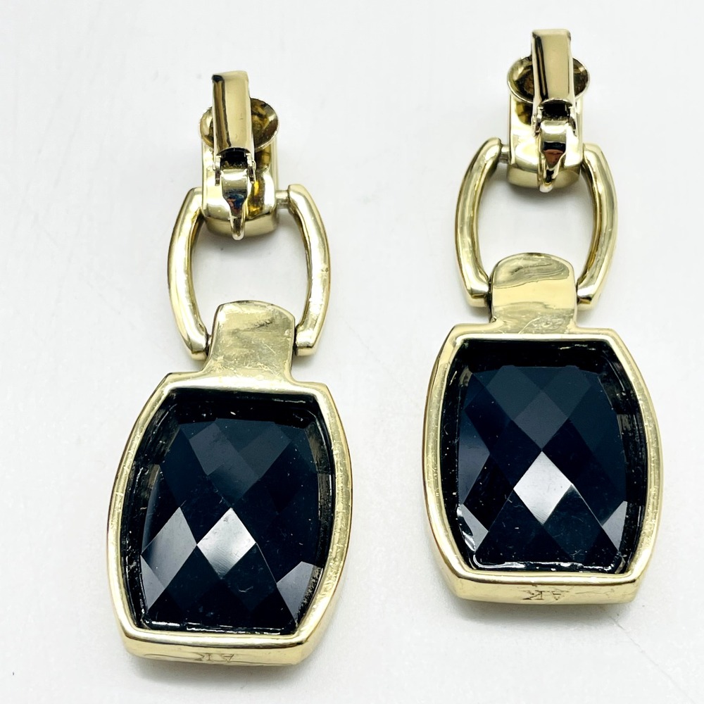 Anne Klein Signed Earrings Black Faceted Bead Gold Tone Dangle Clip On Statement - Picture 3 of 11